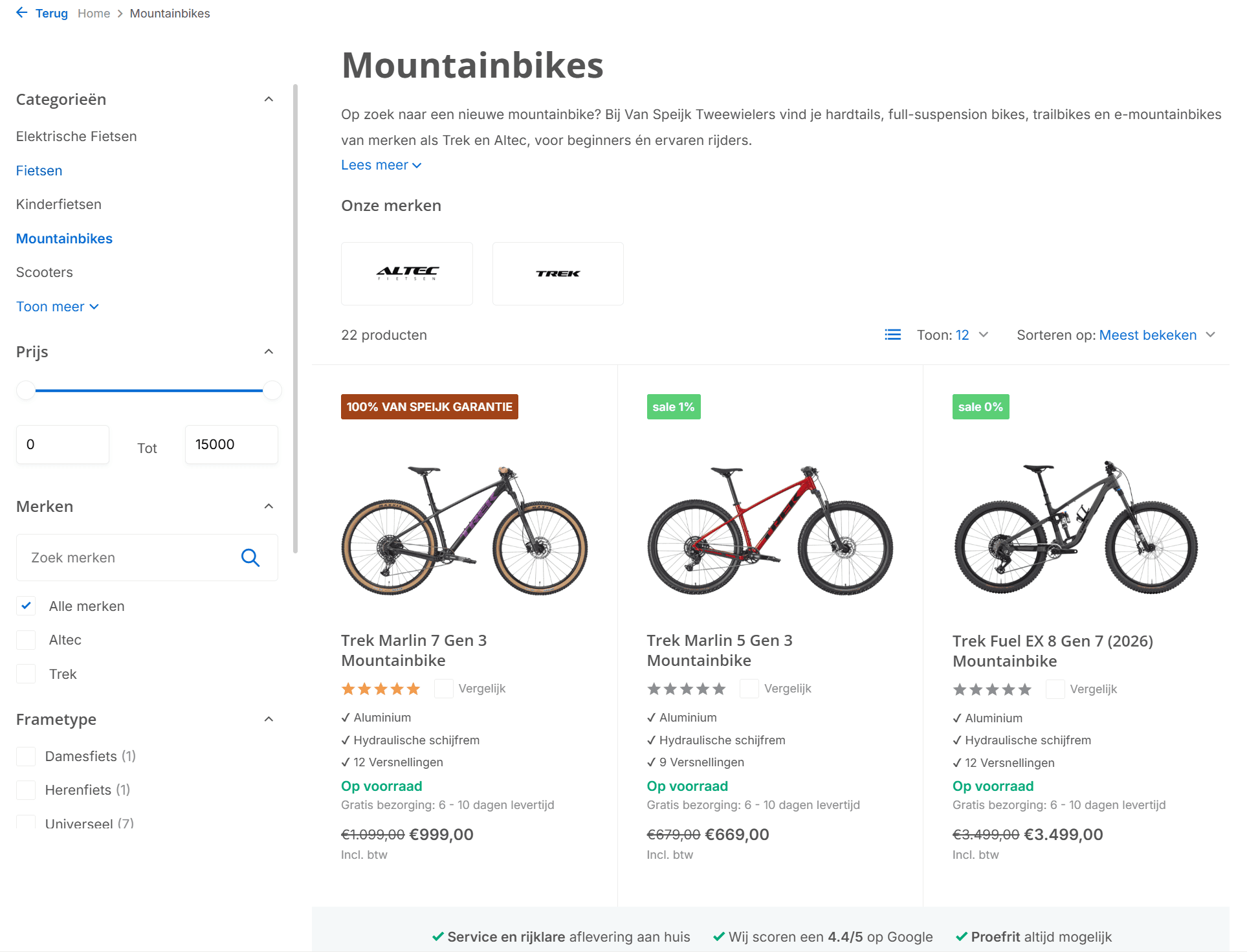 Een categoriepagina met filters aan de zijkant en een raster van fietsen met kortingslabels.