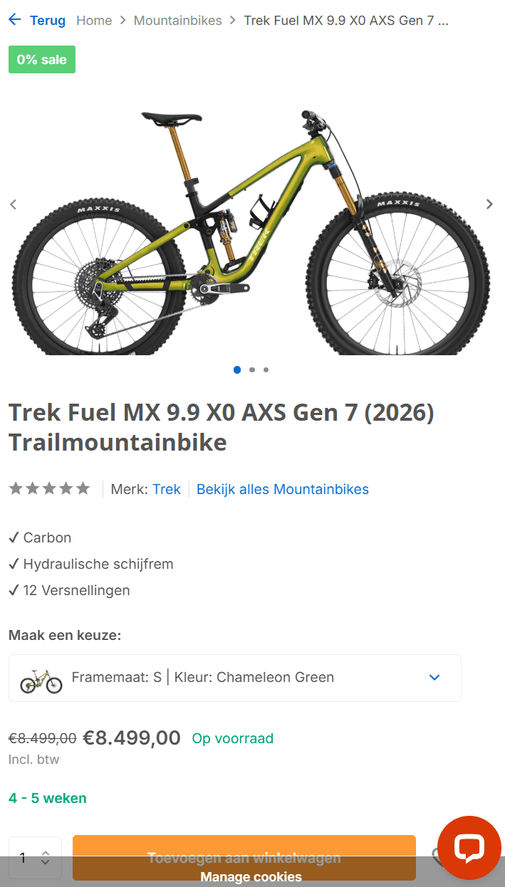 Dezelfde productpagina op een telefoon, met de keuzevelden en de bestelknop onder elkaar.
