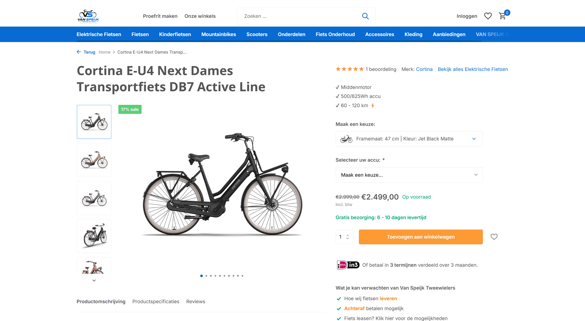 Productpagina van een Cortina elektrische transportfiets, met keuzevelden voor framemaat, kleur en accu, de prijs en de voorraadstatus.