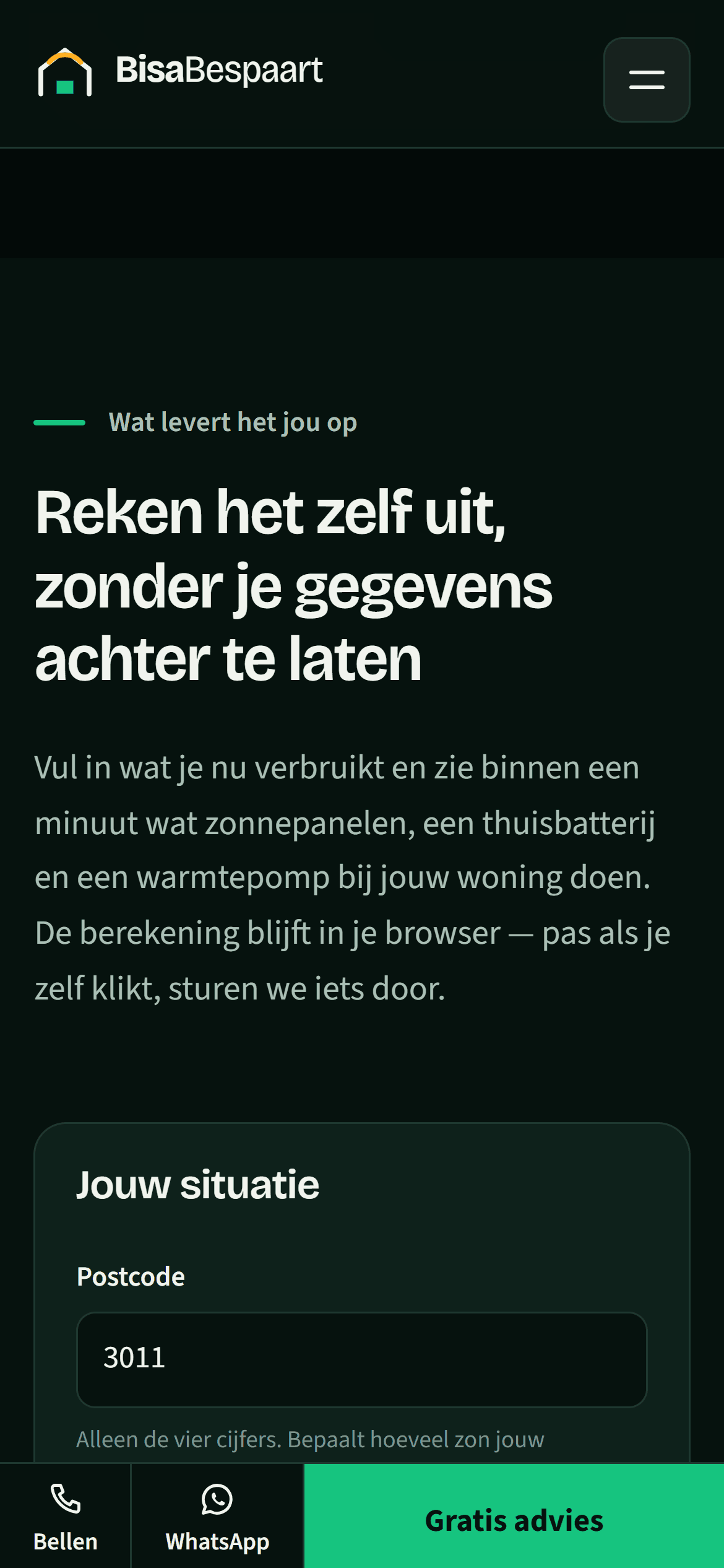 De rekentool op een telefoon, met een vaste balk onderaan voor bellen, WhatsApp en een gratis adviesgesprek.